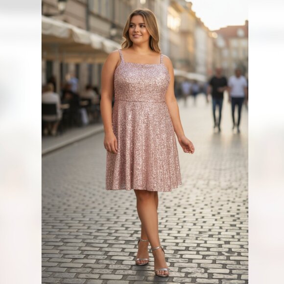 NWT Morgan & Co 12890WM Short Plus Size Sequins Dress In Color Rose Gold - Picture 1 of 10
